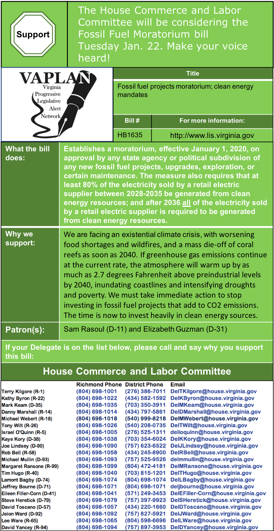 ALERT: Tomorrow afternoon House Commerce and Labor to consider fossil fuel moratorium!