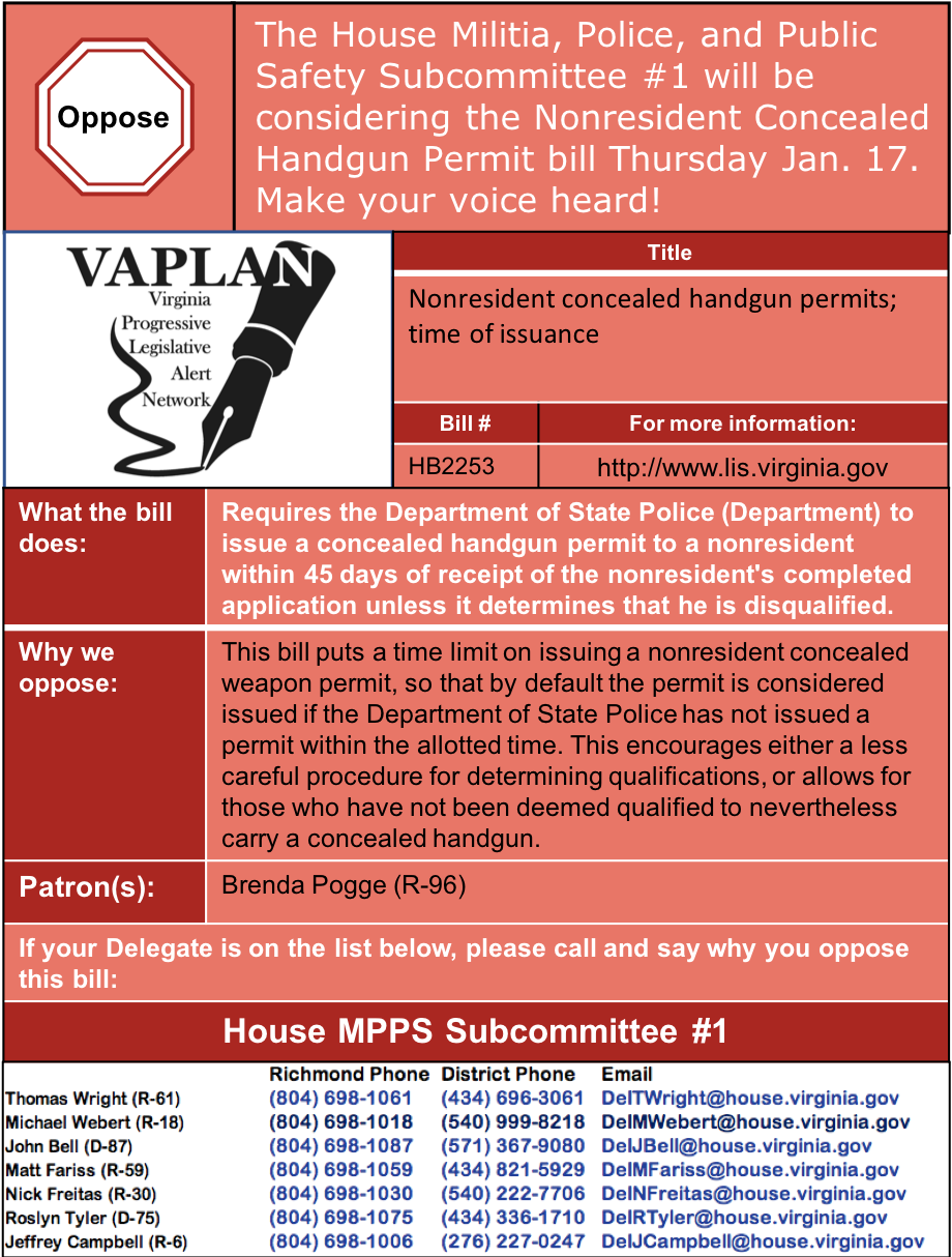 ALERT: Oppose rushing nonresident concealed handgun permitting in House MPPS Subcommittee #1 Thursday Jan. 17