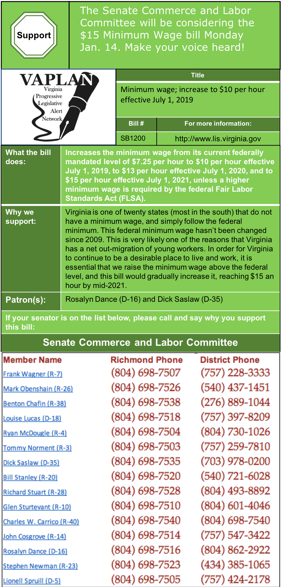 ALERT: Support $15 Minimum Wage in Senate Commerce & Labor