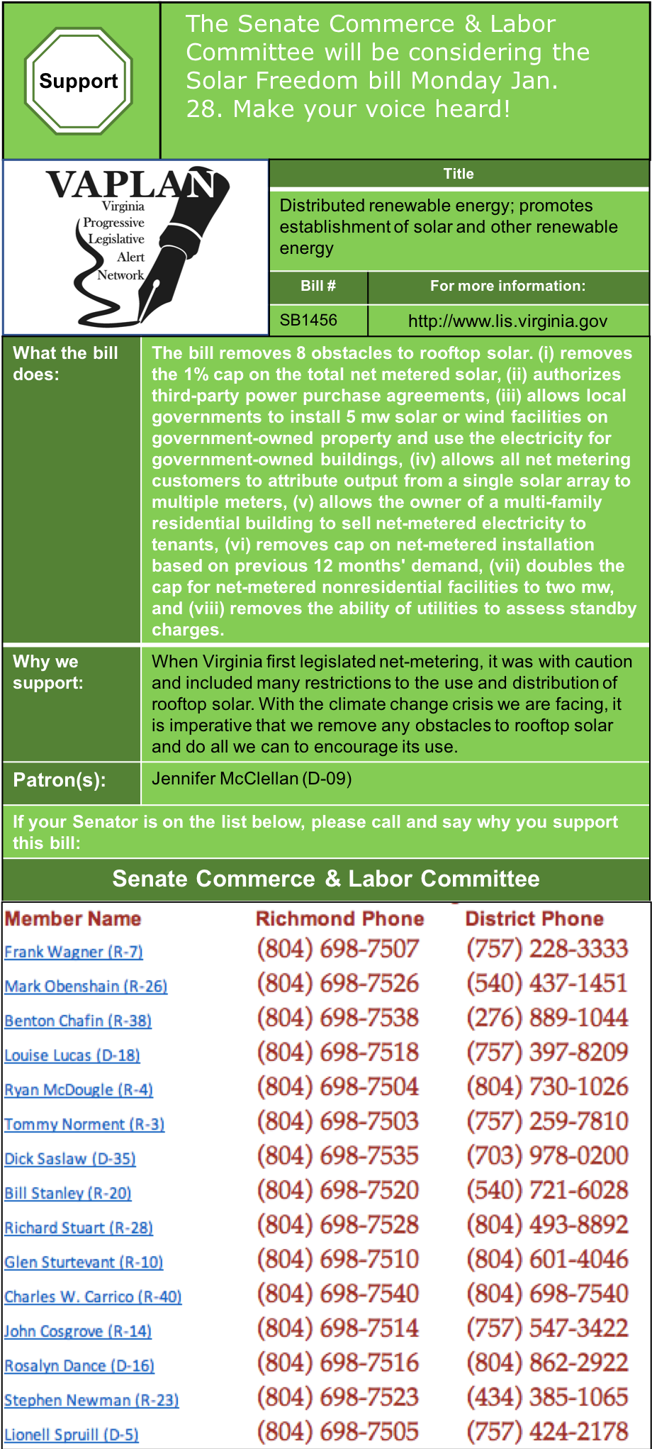 ALERT: Senate Commerce & Labor to consider Solar Freedom bill, Monday Jan. 28.