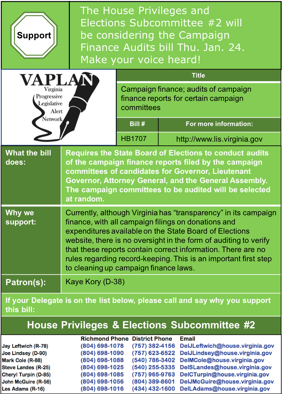 ALERT: Campaign Finance Report Auditing in House Privileges and Elections Subcommittee #2 Thursday Jan. 24