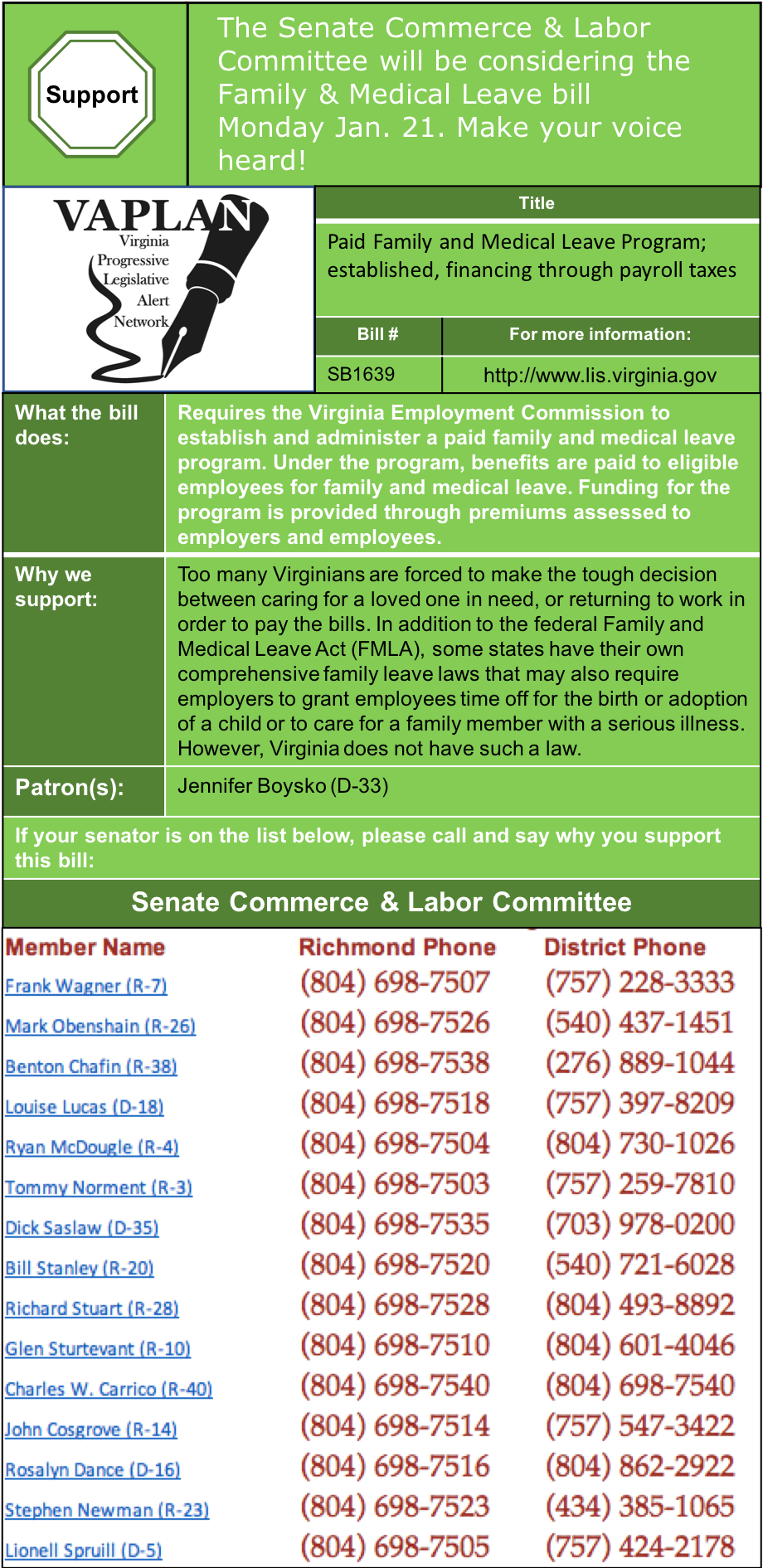 UPDATE: Senate Commerce & Labor to consider Virginia Family & Medical Leave program Monday Jan. 28