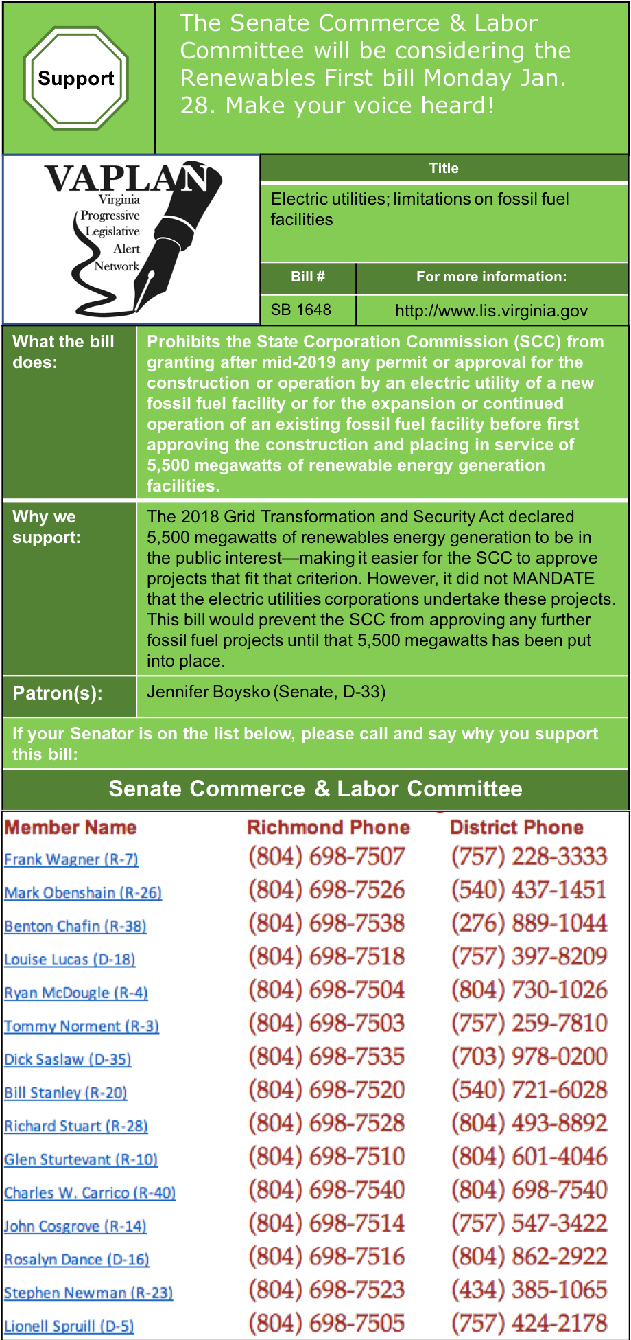 ALERT: Senate Commerce & Labor to consider Renewables First bill on Monday Jan. 28.