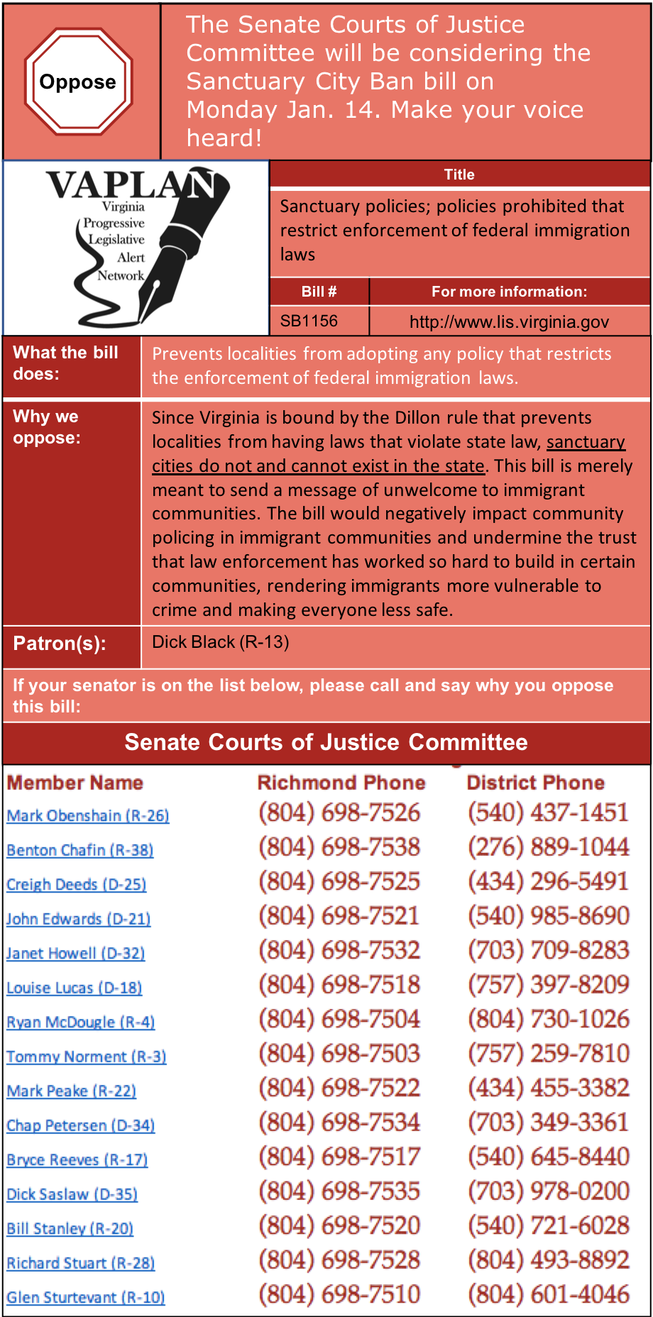 ALERT: Oppose Sanctuary City Ban in Senate Courts of Justice!