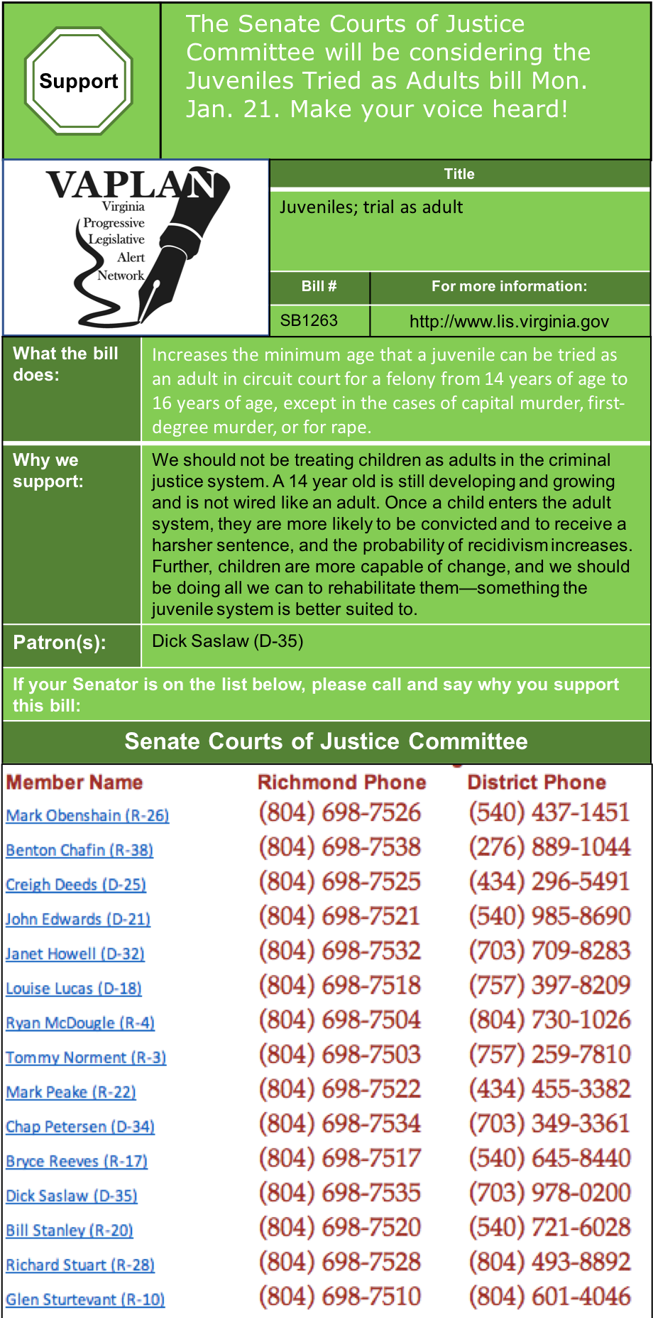 UPDATE: Raise Age at Which Children Tried as Adults to 16 in Senate Courts of Justice Mon. Jan. 28!