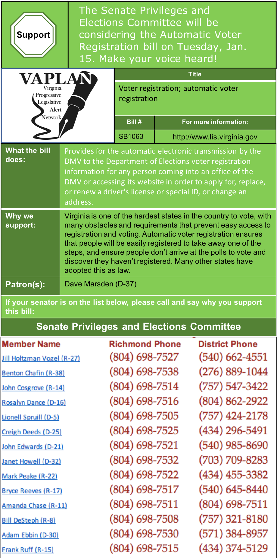 ALERT: Support Automatic Voter Registration in Senate Privileges and Elections Tues. Jan. 15