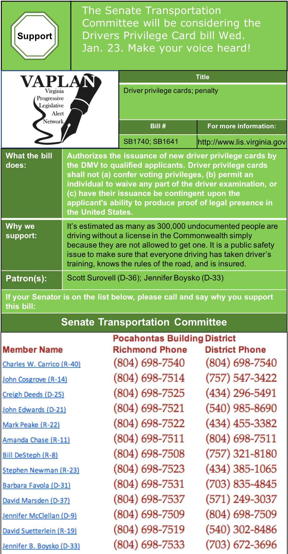 ALERT: Senate Transportation Committee to consider driver privilege cards on Wed. Jan. 23!